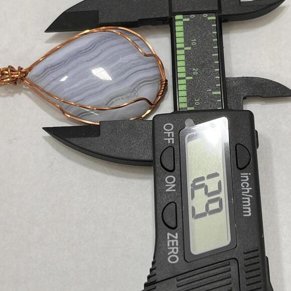 Handmade Blue Lace Agate Necklace in Copper Wire Wrapped Oval Cabochon Pendant - Picture 3 of 3